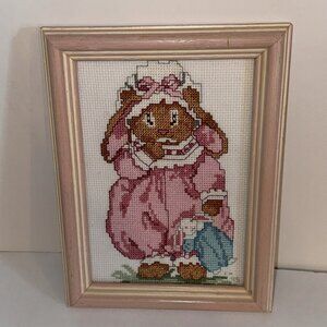 Golden Bee CLOVER BUNNY BEDTIME Cross Stitch Girly Rabbit + FRAMED